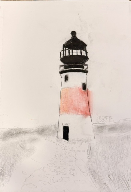 Colored pencil sketch of Sankaty Head Light, showing its white tower with a wide red band