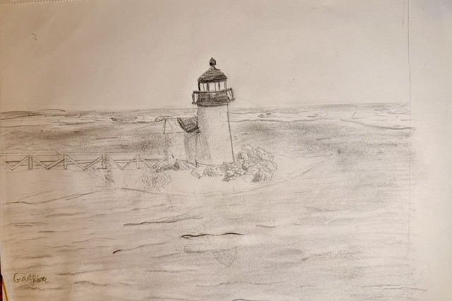 Pencil sketch of Brant Point Light with its footbridge to shore