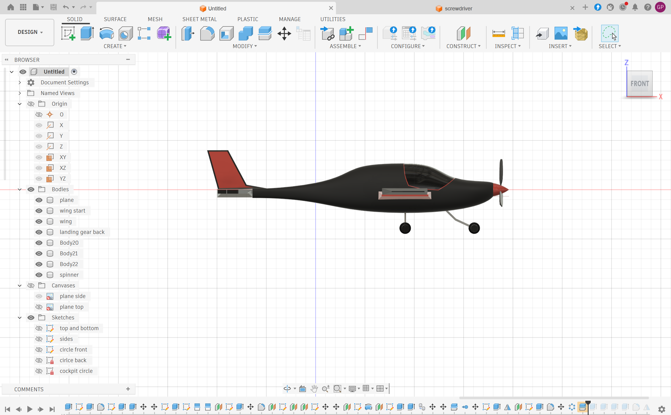 Fusion 360 side profile view of Grant's plane model