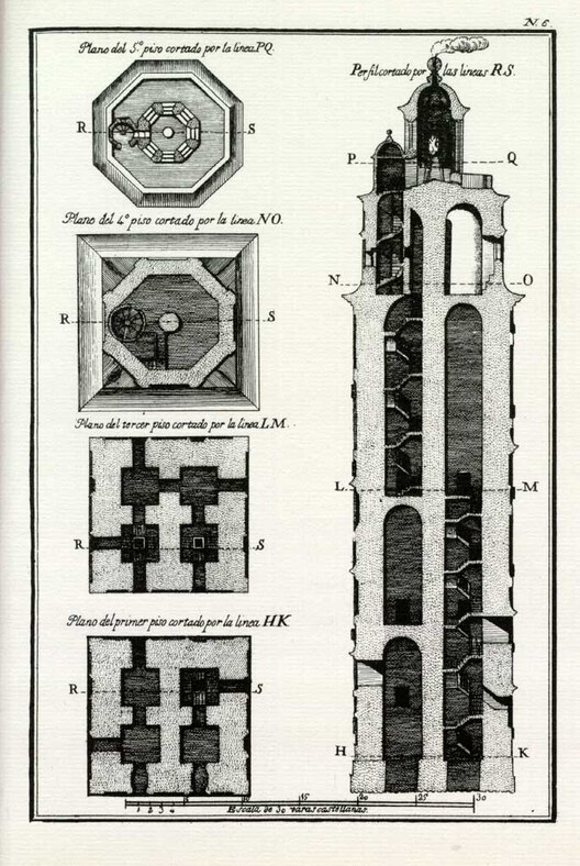Historic architectural plan and section drawing of a colonial-era masonry tower