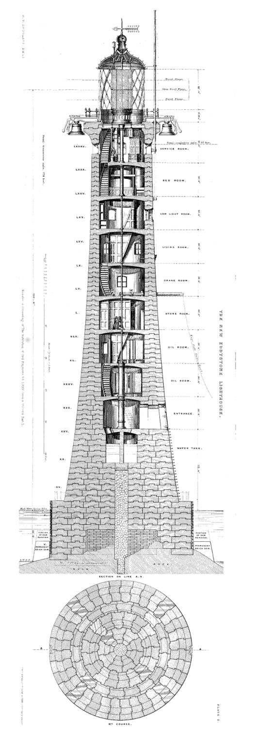 Cutaway engineering diagram of the New Eddystone Lighthouse showing interior floors and stonework courses
