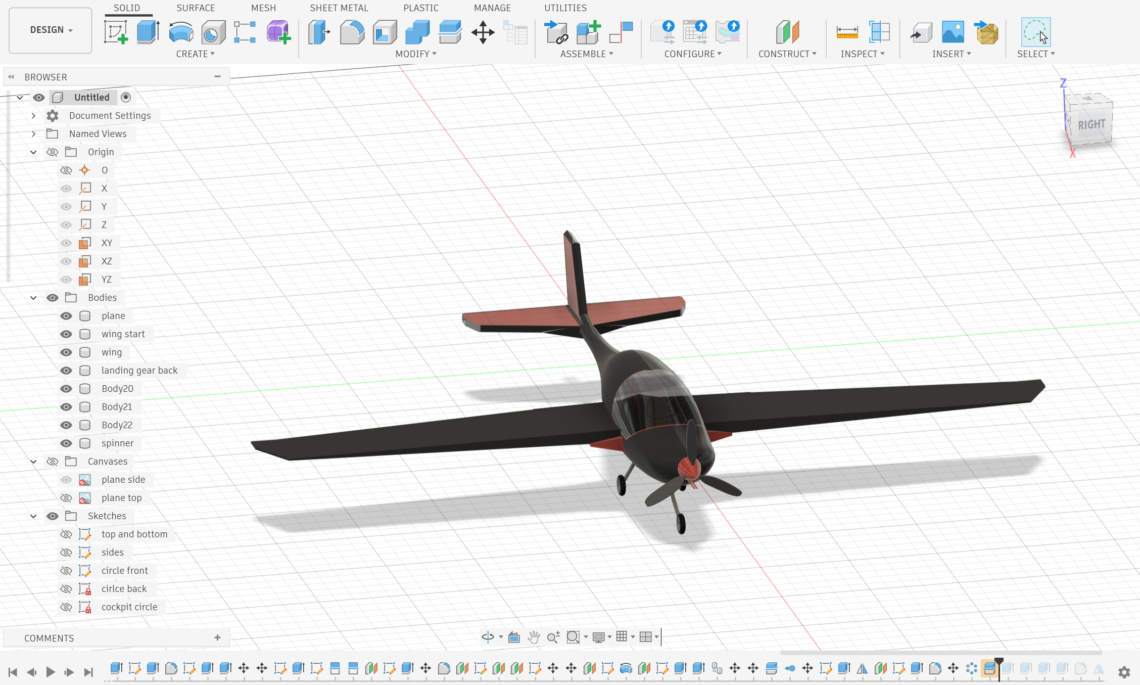 Fusion 360 three-quarter angle view of the finished plane model