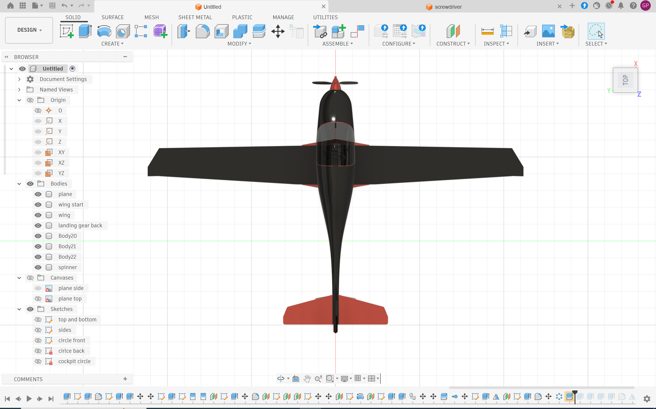 Fusion 360 top-down view of Grant's plane model